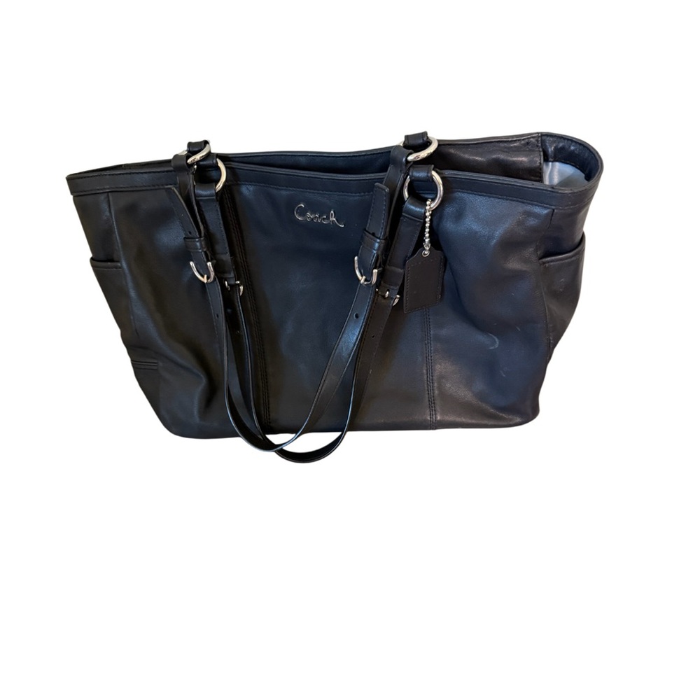Coach East West Zip Top Black Leather Shoulder Tote Purse Silver Hardware - Picture 1 of 5